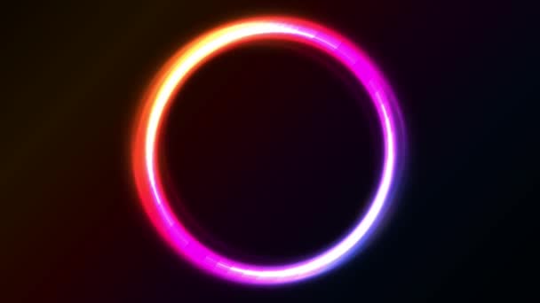 光沢のあるライト サークル アニメーションを抽象的なアニメーション抽象的な光沢のあるネオンの光の輪の黒の背景に明るい効果円 — ストック動画