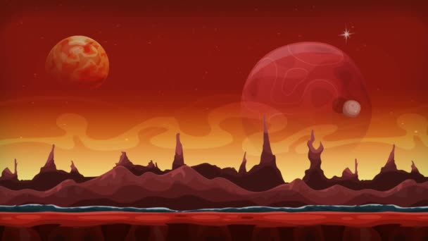 无缝动画的梦幻外星人背景 无缝环动画漫画有趣的科幻外星景观背景 与层为视差包括怪异的山脉 恒星和行星 — 图库视频影像