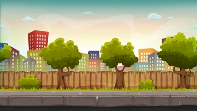 Sorunsuz Street City ile paralaks etkisi / animasyon döngüsü bir çizgi film kesintisiz Kentsel şehir peyzaj ile süslü binalar ve gökdelenler, oyun UI için