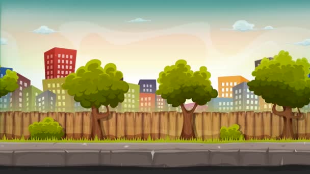 シームレスな街市と視差効果 豪華な建物や高層ビル ゲーム のアニメーション ループ漫画シームレスな都会の風景 — ストック動画