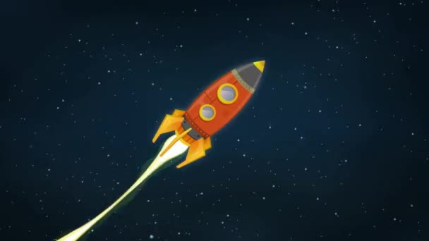 火箭船飞行通过空间动画 环形动画复古的红色宇宙飞船爆炸和勘探空间和行星 — 图库视频影像