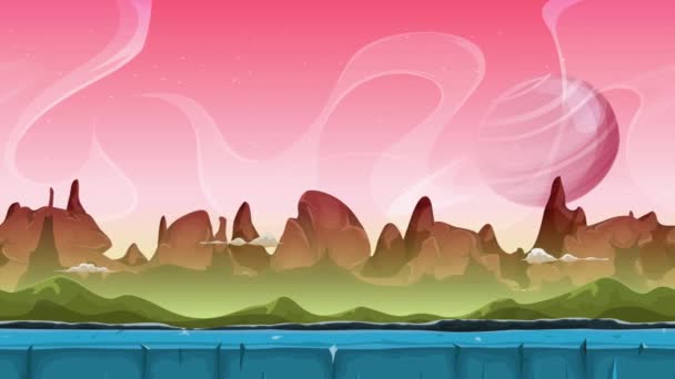 妖精特撮エイリアン風景アニメーション奇妙な山々 が連なり 星や惑星を含む視差の層と漫画サイファイのエイリアンの惑星の風景背景のシームレスなスライド ショーのアニメーションをループ — ストック動画