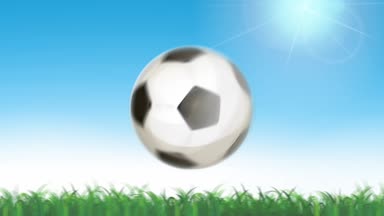 Futbol topu uçan üzerinde sorunsuz çim animasyon / ilmekledi animasyon bir futbol topu güneş ışığı ile sorunsuz çimenlerin üzerinde uçan ve parlak gökyüzü