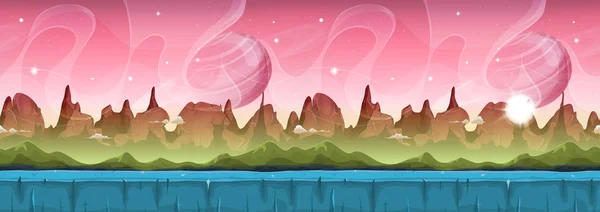 奇妙な山々 が連なり のゲームのための惑星を含む視差の層と漫画シームレスな面白いフィクション エイリアンの惑星の風景背景のイラスト — ストックベクタ
