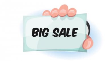 Çizgi el Holding Satılık işareti animasyon / çizgi film animasyon holding ve satış reklam işaretiyle gösterilen bir komik işadamı el