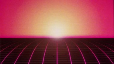 Seksenler Tv Retro Synthwave 3d Izgara Arkaplan Döngüsü / 4k Soyut retro arkaplan animasyonu 80 'ler stili sentetik dalga, Vhs çarpıtma dokusu ve klasik piksellemesiz dikişsiz döngü