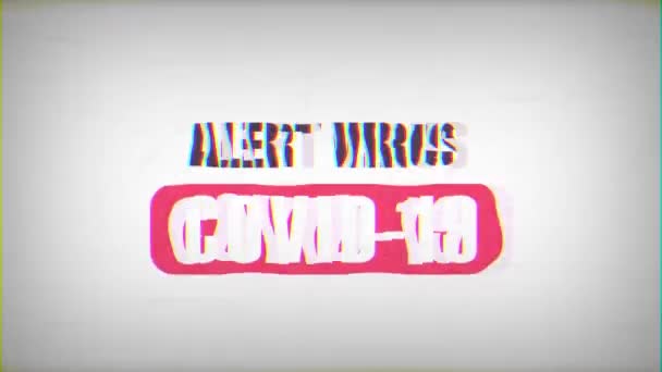 4K动画警告健康紧急讯息与中国大肠病毒数字文字闪烁及肮脏的故障和抽动效果 — 图库视频影像