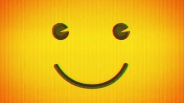 Mutlu Smiley Emoji Simgesi Dijital Glitch Gürültü Efektleri / 4k animasyonu ile gülen bir arkaplan göz kırpma ve gürültü ve arıza dokusu fx