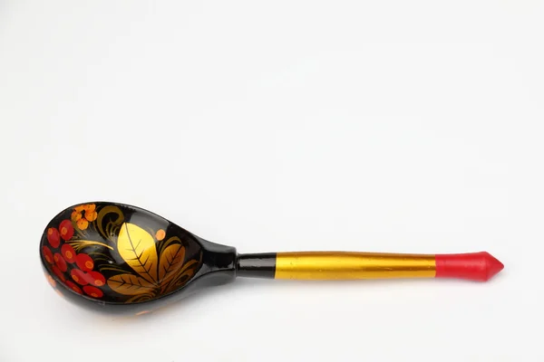 Wooden Spoon Painted Souvenir Wooden Spoon Painted Black Yellow Tsvete — Stock Photo, Image