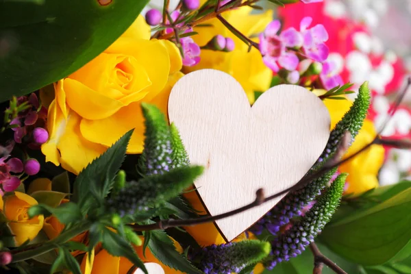 Valentine Flower Arrangement Wooden Heart Bouquet Roses Lilies Other Flowers — Stock Photo, Image