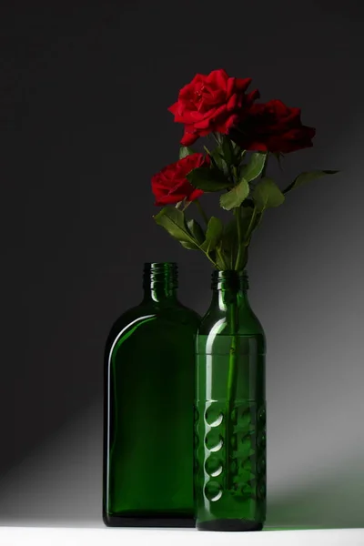 红色的玫瑰在一个绿色的瓶子里 — 图库照片