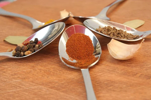 Food seasoning. Spices in a teaspoons. Cooking spices.