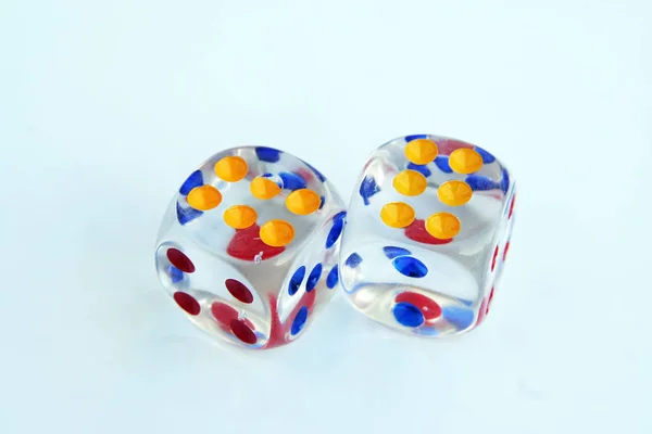 Glass Made Dices Transparent Glass Dices Colorful Dots Transparent Dices — Stock Photo, Image