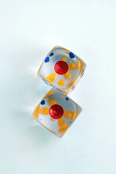 Glass Made Dices Transparent Glass Dices Colorful Dots Transparent Dices — Stock Photo, Image