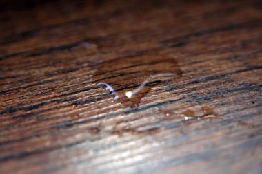 Yere su damlası. Tahta zemine düş..