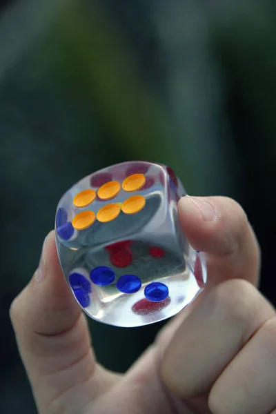 Kid holding dice in his hand. Dice in kids hand.