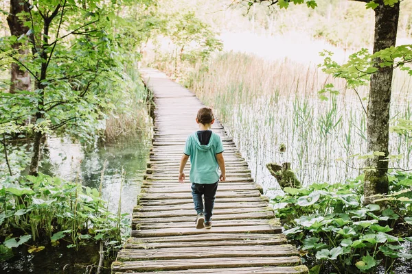 Menino caminhando no caminho de madeira — Fotografia de Stock