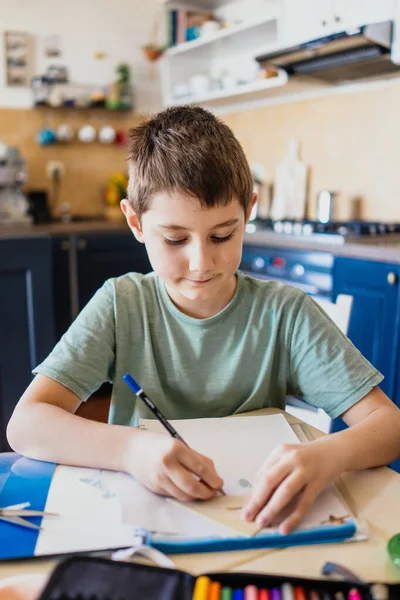 一个在家里学习的男孩做作业 — 图库照片