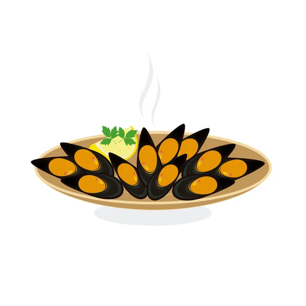 Moules cuites à la vapeur au citron et persil — Image vectorielle