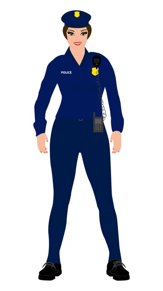 Polizistin mit blauer Uniform und Funkgerät — Stockvektor