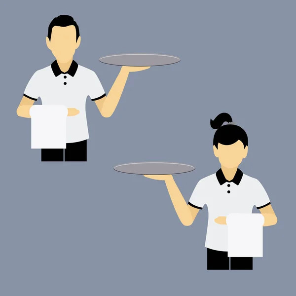Kellnerin und Kellnerin mit Tablett — Stockvektor