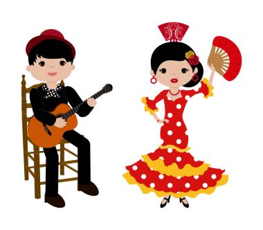 Flamenca kırmızı elbise ve gitarist adam ile