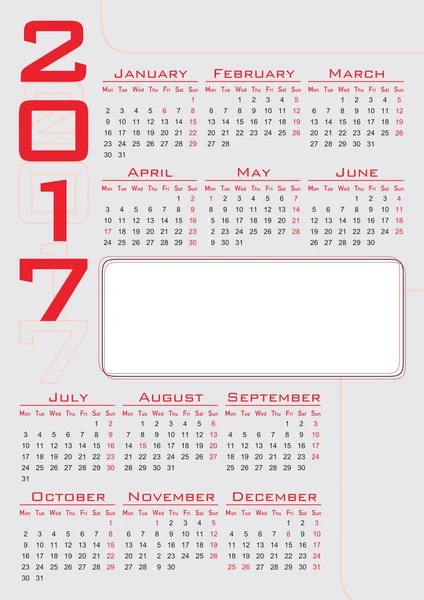 Calendário 2017 vertical com moldura central da foto — Vetor de Stock