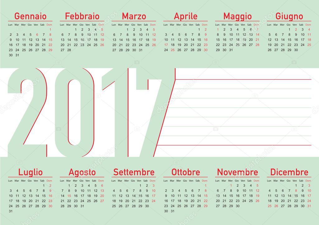 calendar 2017 italian language with lines to write text