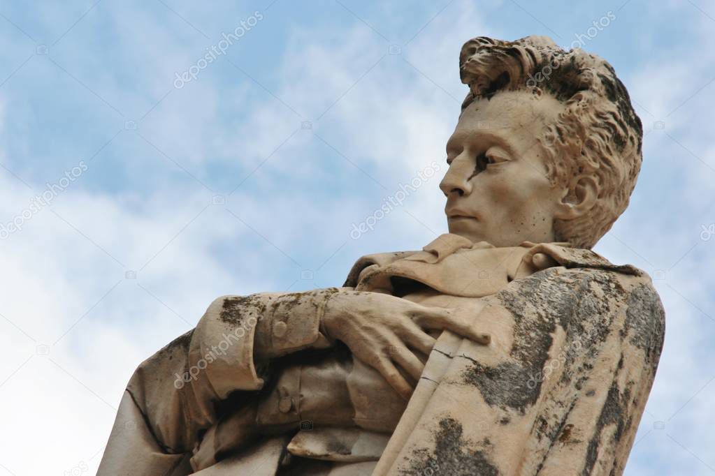 poet Giacomo Leopardi sculpture in Recanati old downton, Marche Italy