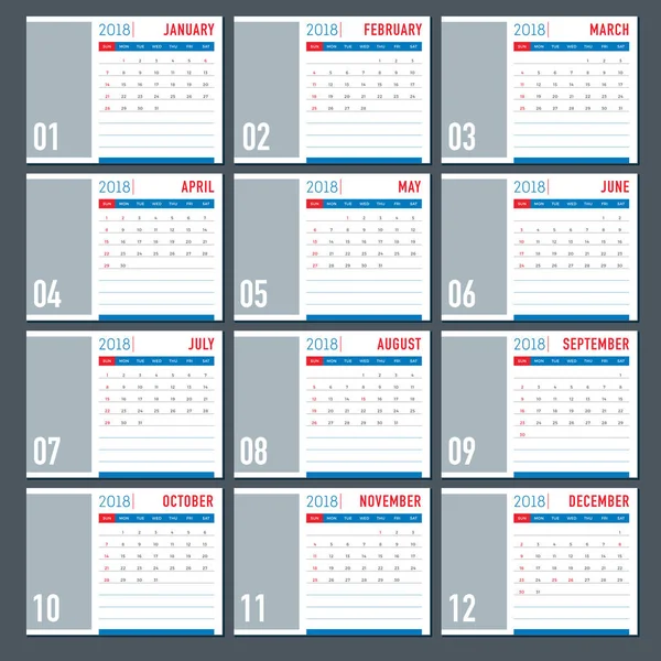 Table 2018 calendar template layout — Stock Vector