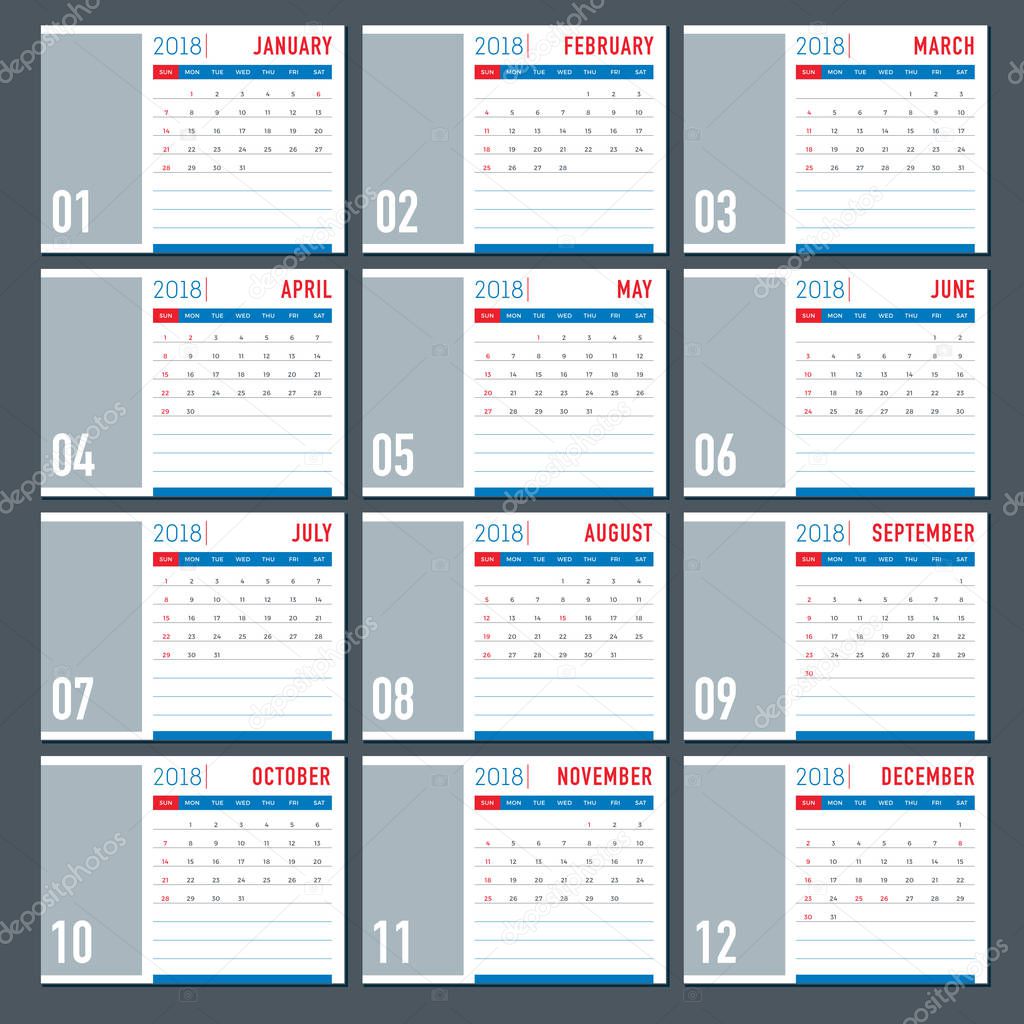 table 2018 calendar template layout