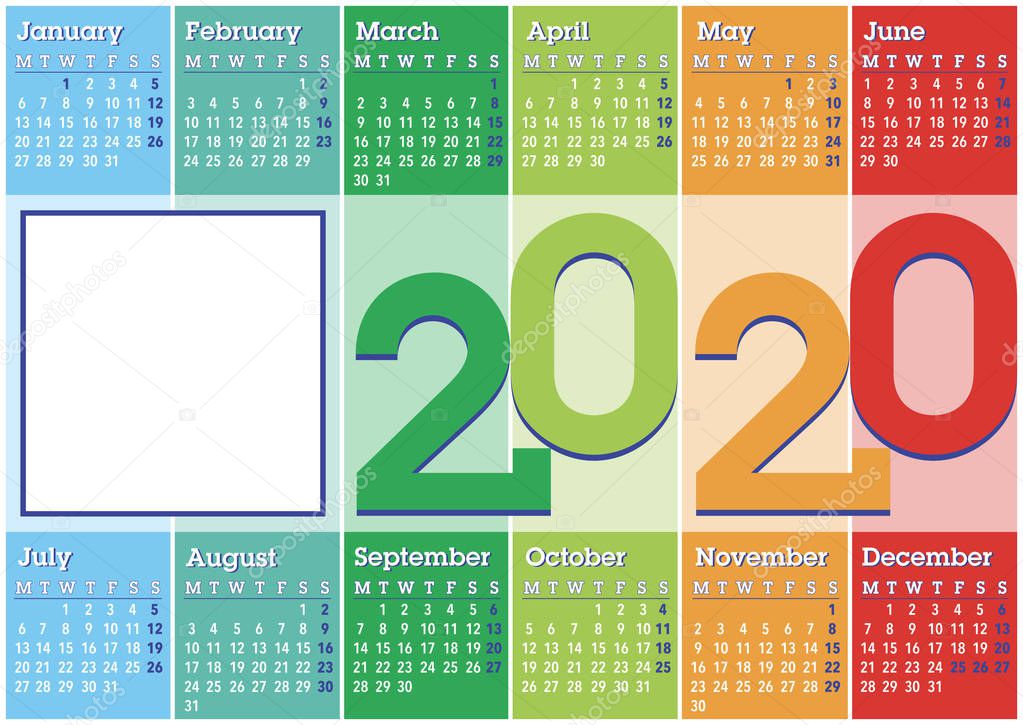 2020 calendar with vertical coloured stripes