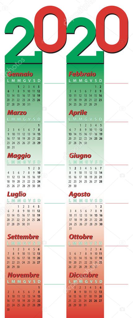2020 long poster vertical calendar, italian flag style