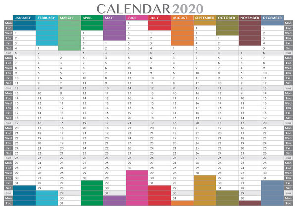календарь 2020 с вертикальными цветными рядами

