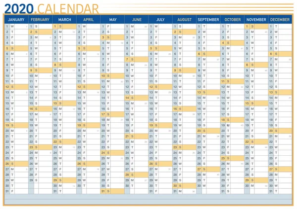 Grand calendrier mural commercial 2020 — Image vectorielle