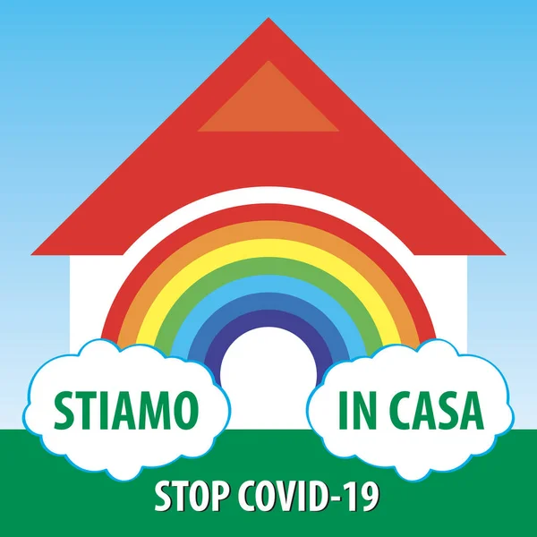 Blijf Thuis Waarschuwingsbord Met Regenboog Voor Covid Noodgeval Italiaanse Taal — Stockvector