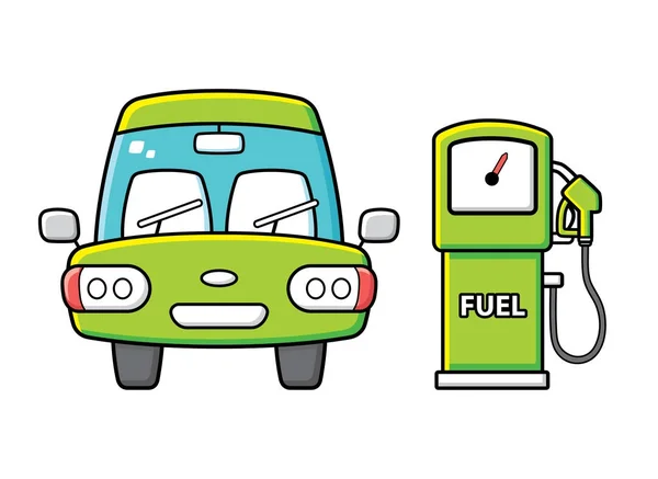 Coche verde y bomba de combustible vector de vista frontal. Gasolinera o gasolinera . — Archivo Imágenes Vectoriales