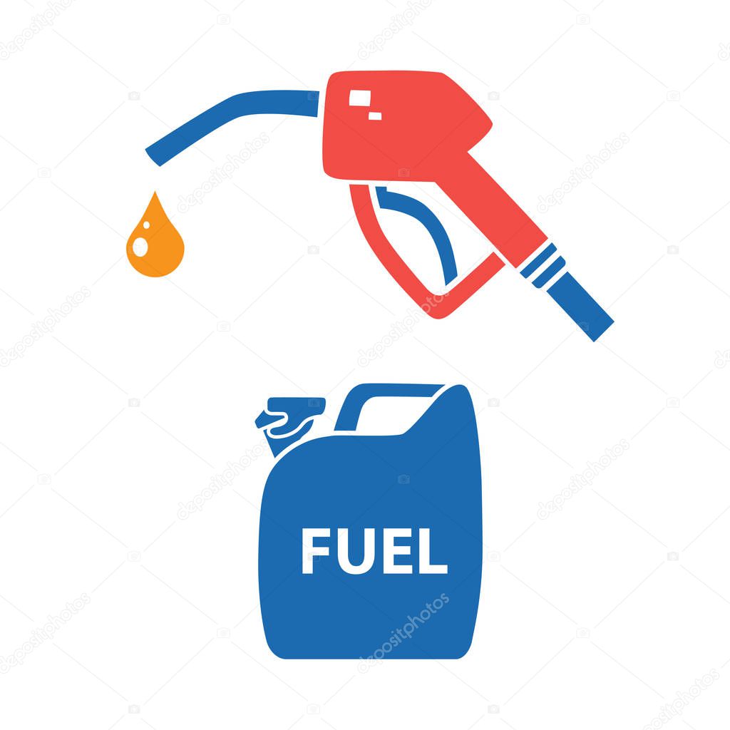 Fuel pump nozzle with drop and jerry can. Gas filling station icons.