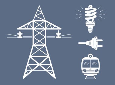 Yüksek gerilim güç hattı iletim kulesi tapa ya da pilon, enerji tasarruflu ampul veya lamba, Ac, metro veya Emu tren.