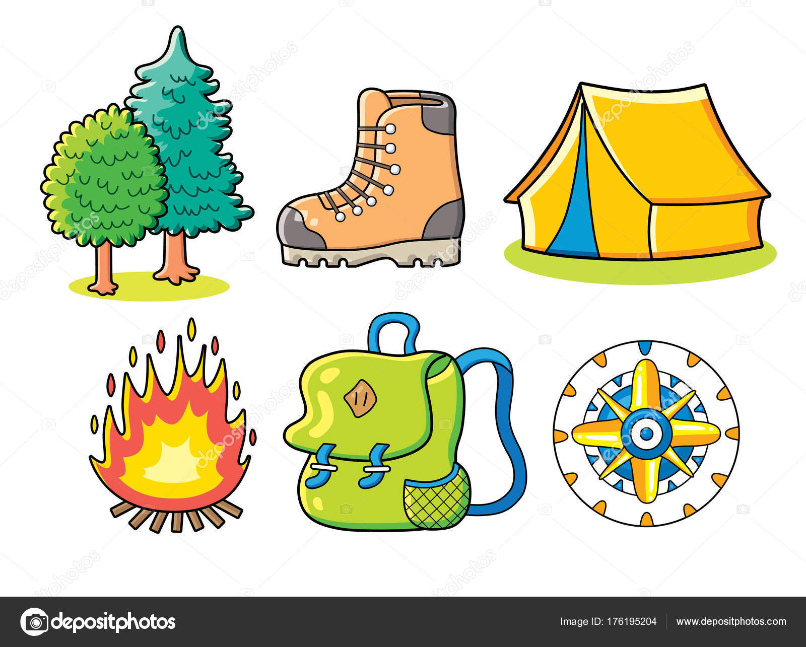 Forest Trees Hiking Boots Yellow Tourist Tent Bonfire Green Backpack Stock  Vector Image by ©ghrzuzudu #176195204