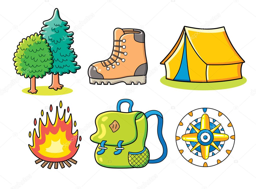 Forest trees, hiking boots, yellow tourist tent, bonfire, green backpack or travel bag, compass symbol. Outdoor camping vector icons set isolated.