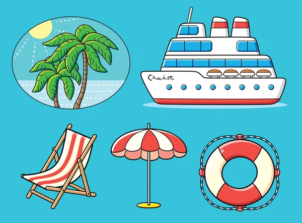 Yolcu gemisi, lifebuoy, şezlong, plaj çizgili şemsiye, palmiye ağaçları ve deniz, yaz tatil resort Icons set.
