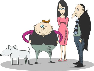 Köpek, beyaz arka plan üzerinde izole karikatür vektör çizim yakın duran şık ve zengin insanlar.