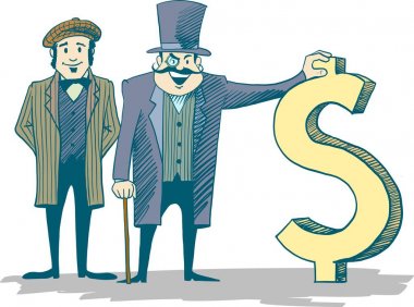 İşadamı ve altın dolar işareti, karikatür vektör illüstrasyon izole beyaz arka plan üzerinde tutarak onun arkadaşı.