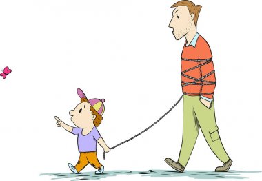 Çocuk yürümeyi babası getirdi ve bir kelebeği yakalamak, beyaz arka plan üzerinde izole vektör çizim karikatür istiyor.