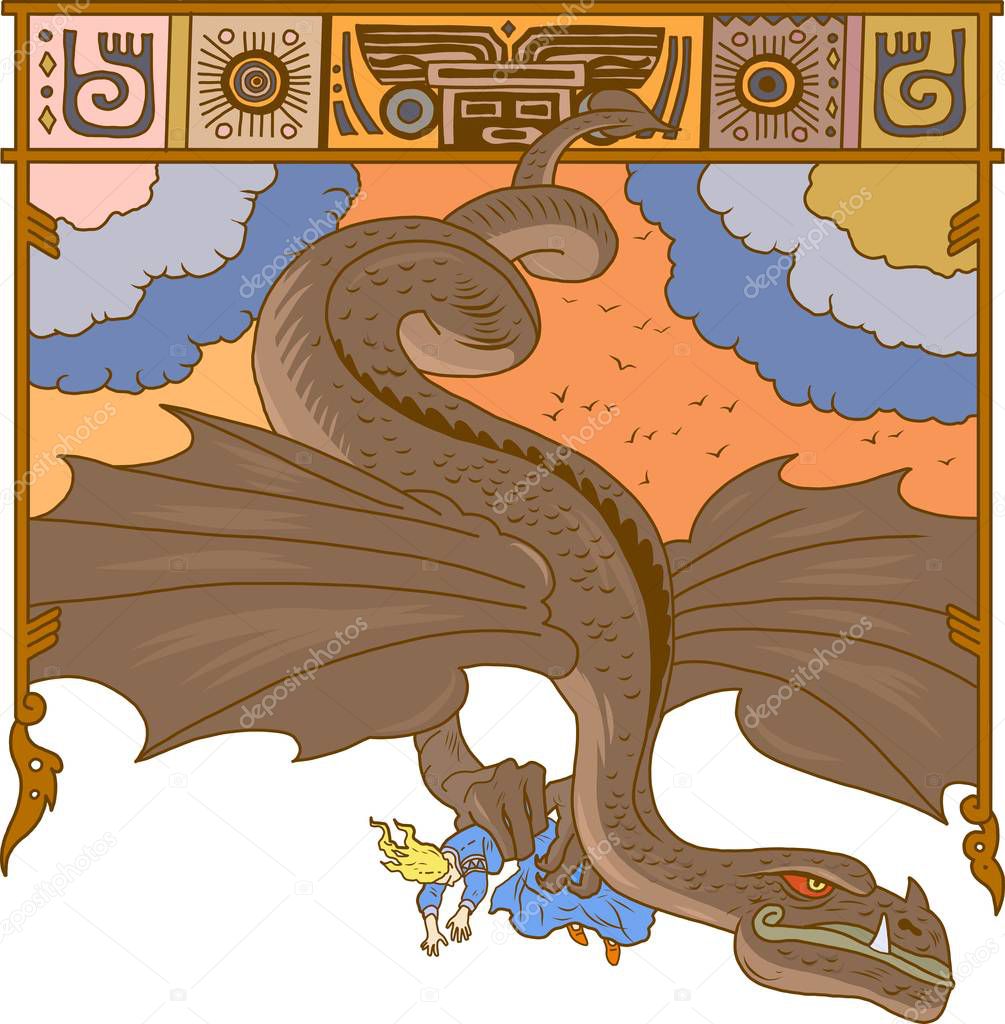 Dragon kidnapped the Princess Illustration to a fairy tale