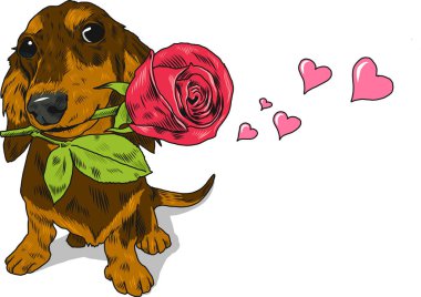 Dachshund's ağız içinde bir gül. St. Valentine's Day. İllüstrasyon