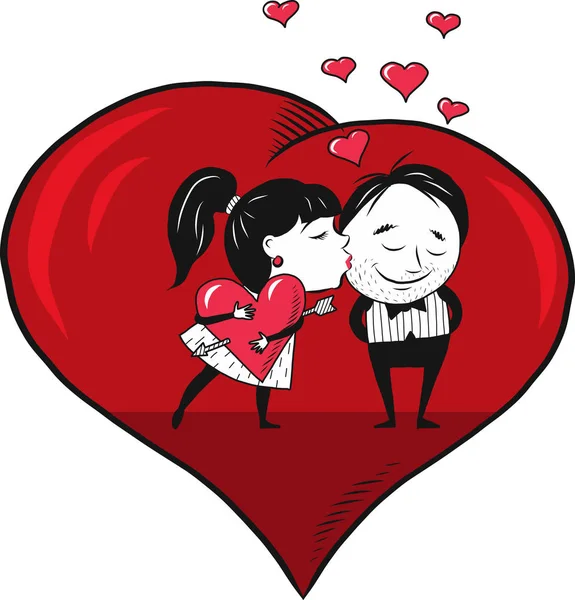 Chica Está Besando Novio Que Dio Gran Corazón Rojo Día — Vector de stock