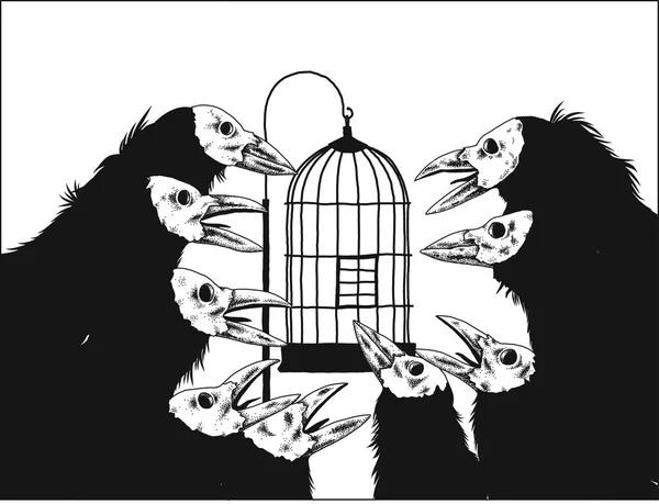 Vögel Betrachten Den Käfig Schwarz Weiß Illustration — Stockvektor