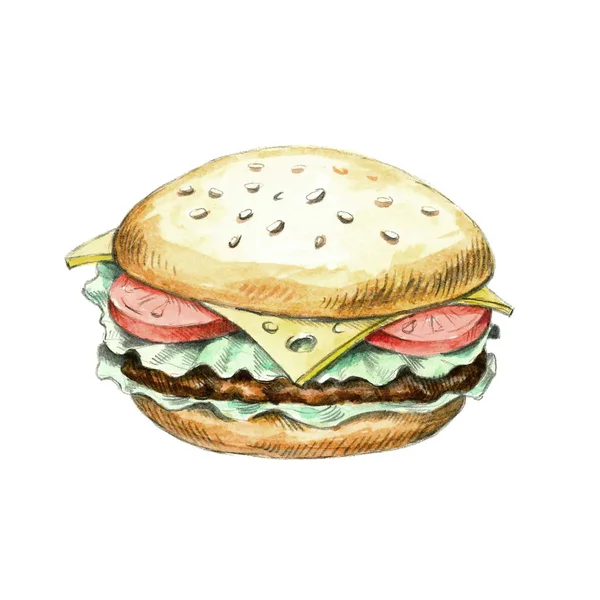 Hamburger Rysowane Białym Tle Paited Hamburger Akwarele — Zdjęcie stockowe